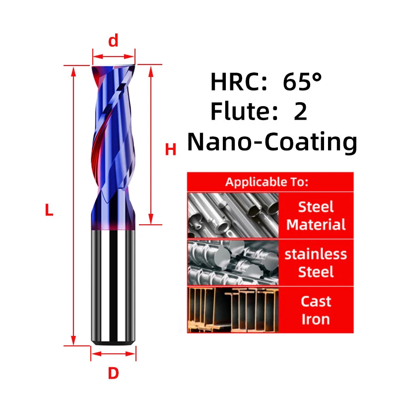 Coated End Mill for Stainless Steel | HRC65 2 Flute CNC Milling Cutter | Metal Cutting Tool - Thumbnail 2
