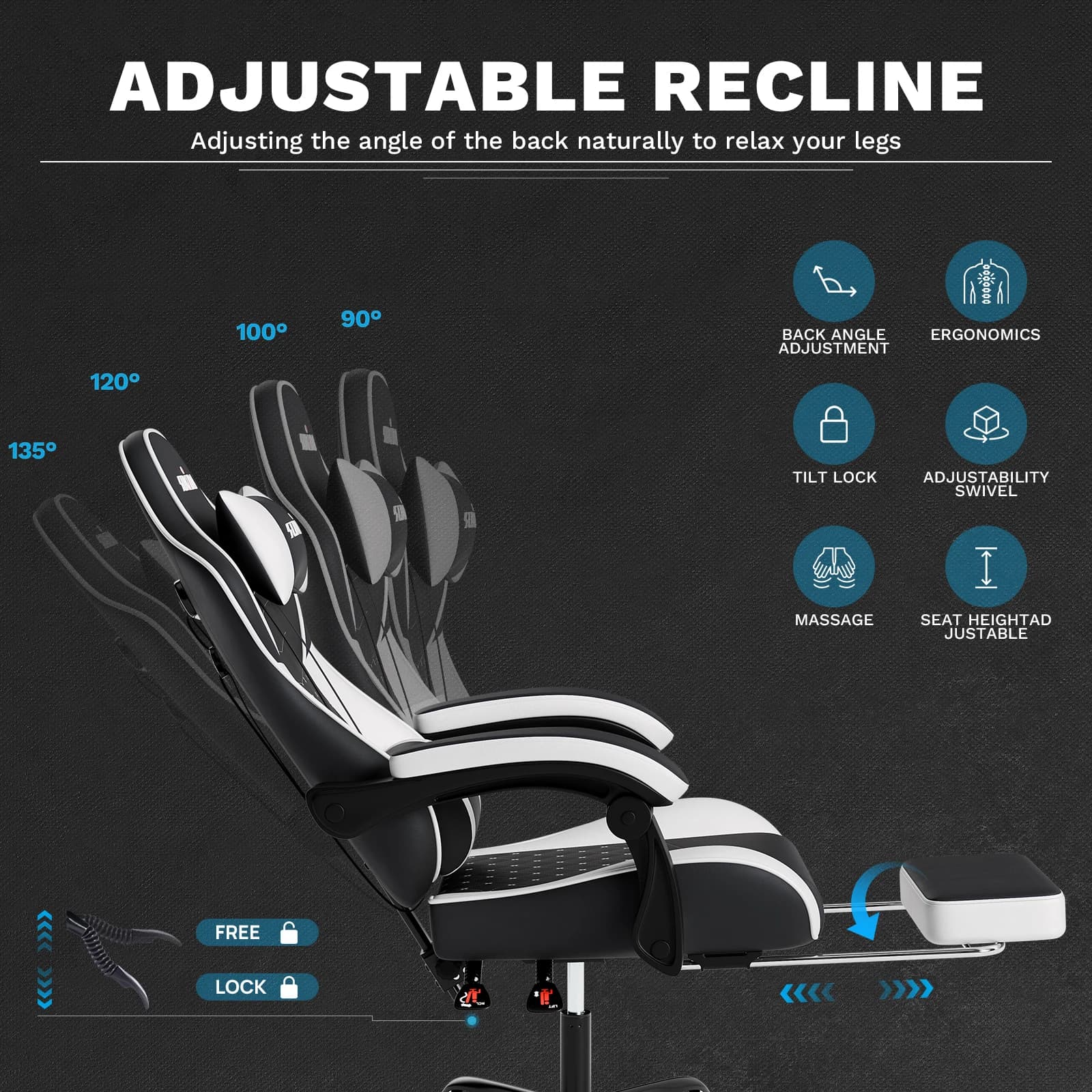 Gamer Chair for Adults | Massage Lumbar Support & Headrest | Height Adjustable Computer Chair - Thumbnail 3