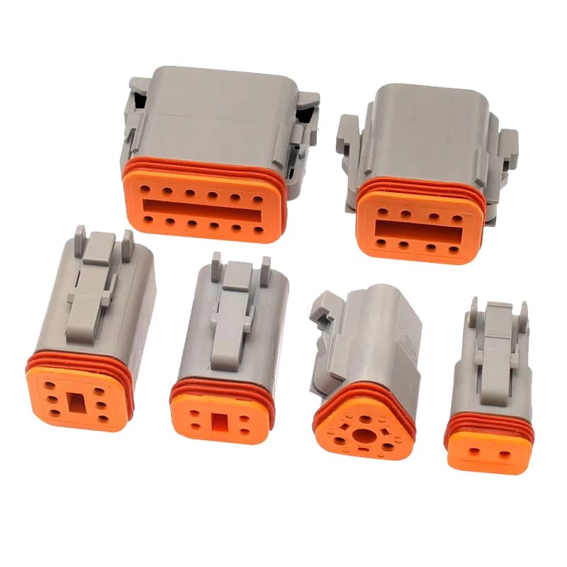 DT Series waterproof electrical connector kit with 2, 3, 4, 6, and 8 pin options for 22-16AWG wire, includes Deutsch-style plugs and sockets.
