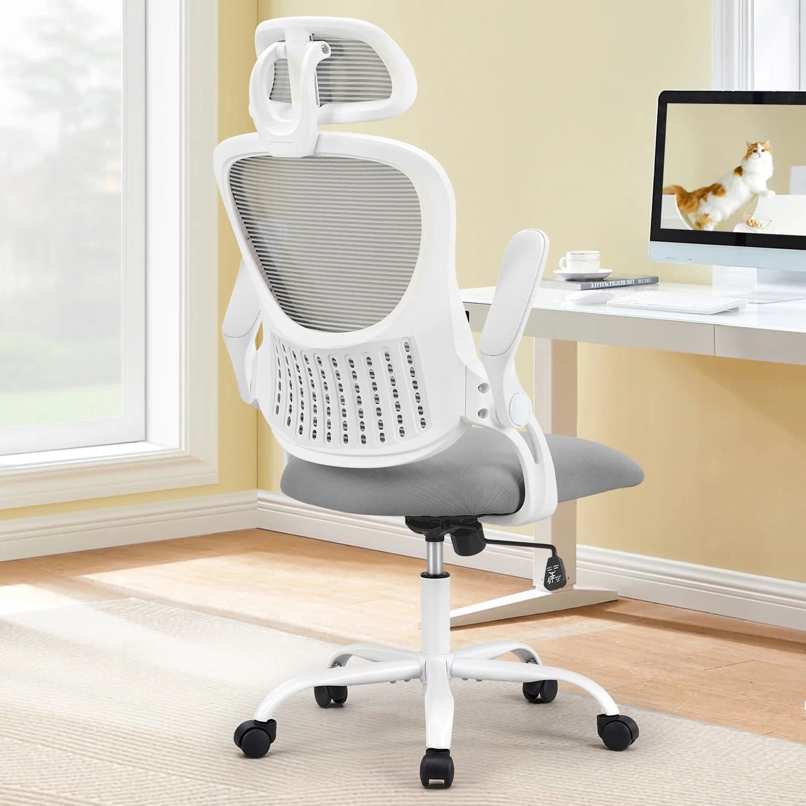 Mesh Office Chair | Flip-up Arms & Adjustable Headrest | Home Computer Desk Chair - Thumbnail 2