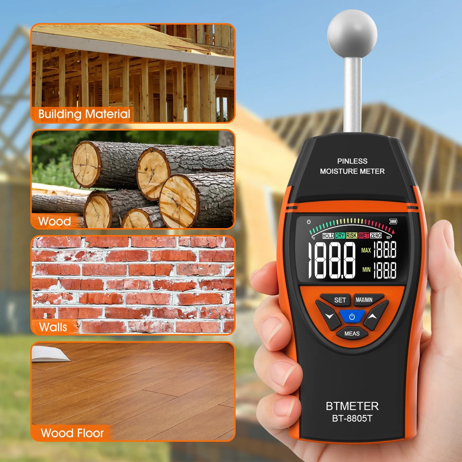 Pinless Wood Moisture Meter - Non-Contact Timber Damp Detector with LCD Screen - Thumbnail 4