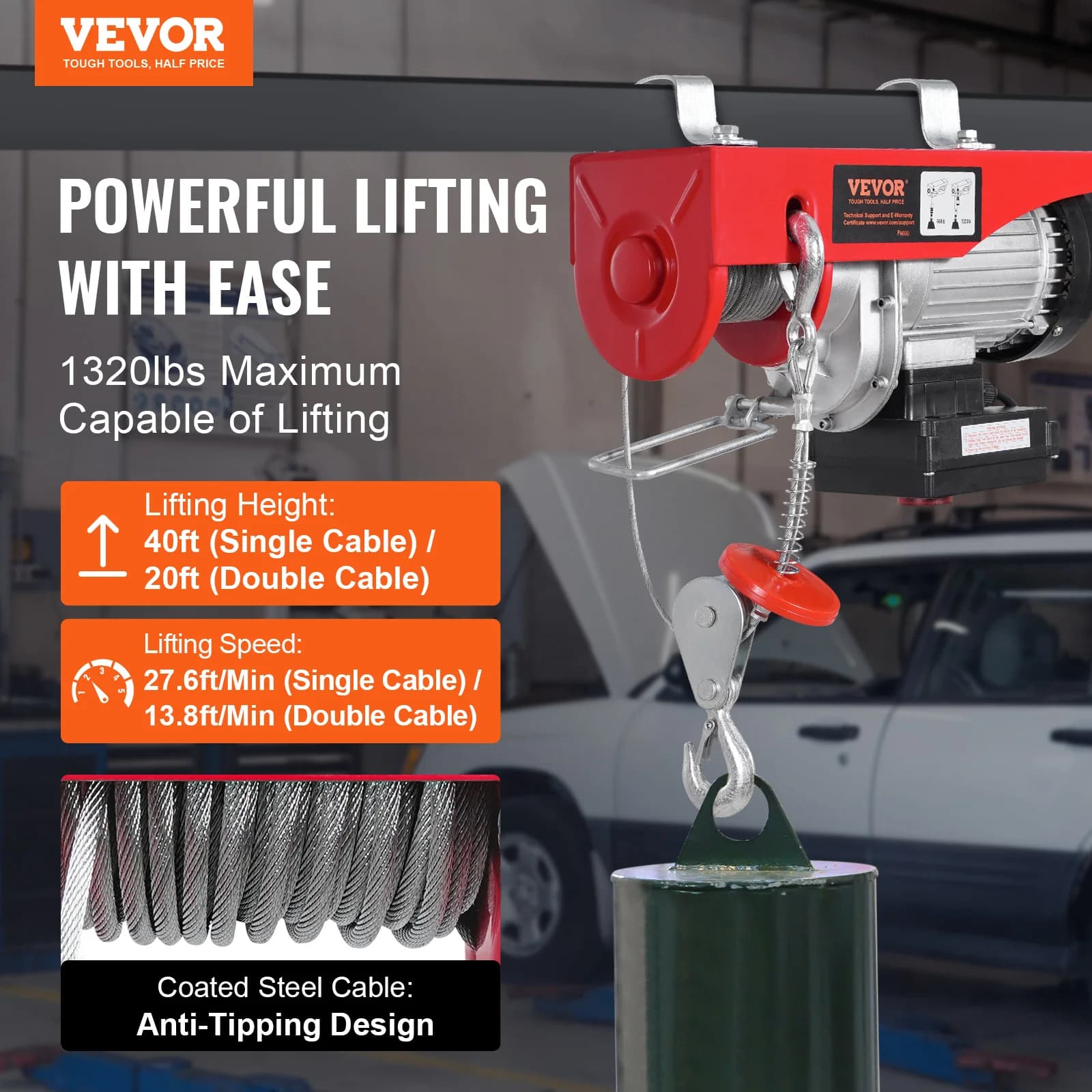 1320 lb Electric Hoist | 328 ft Wireless Remote & 40 ft Lift | Industrial Winch Crane - Thumbnail 2