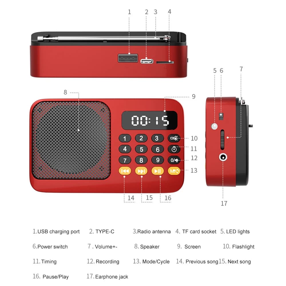 Digital FM Radio & MP3 Player | Rechargeable Speaker with LED Display | USB/TF Playback - Thumbnail 5