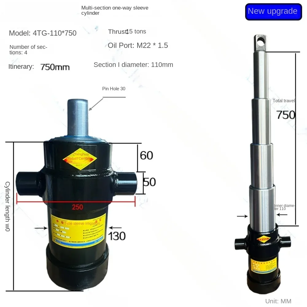 Heavy-Duty Multi-Stage Hydraulic Cylinder | Dump Truck Lift Platform | Rollover Earring Mount - Thumbnail 6