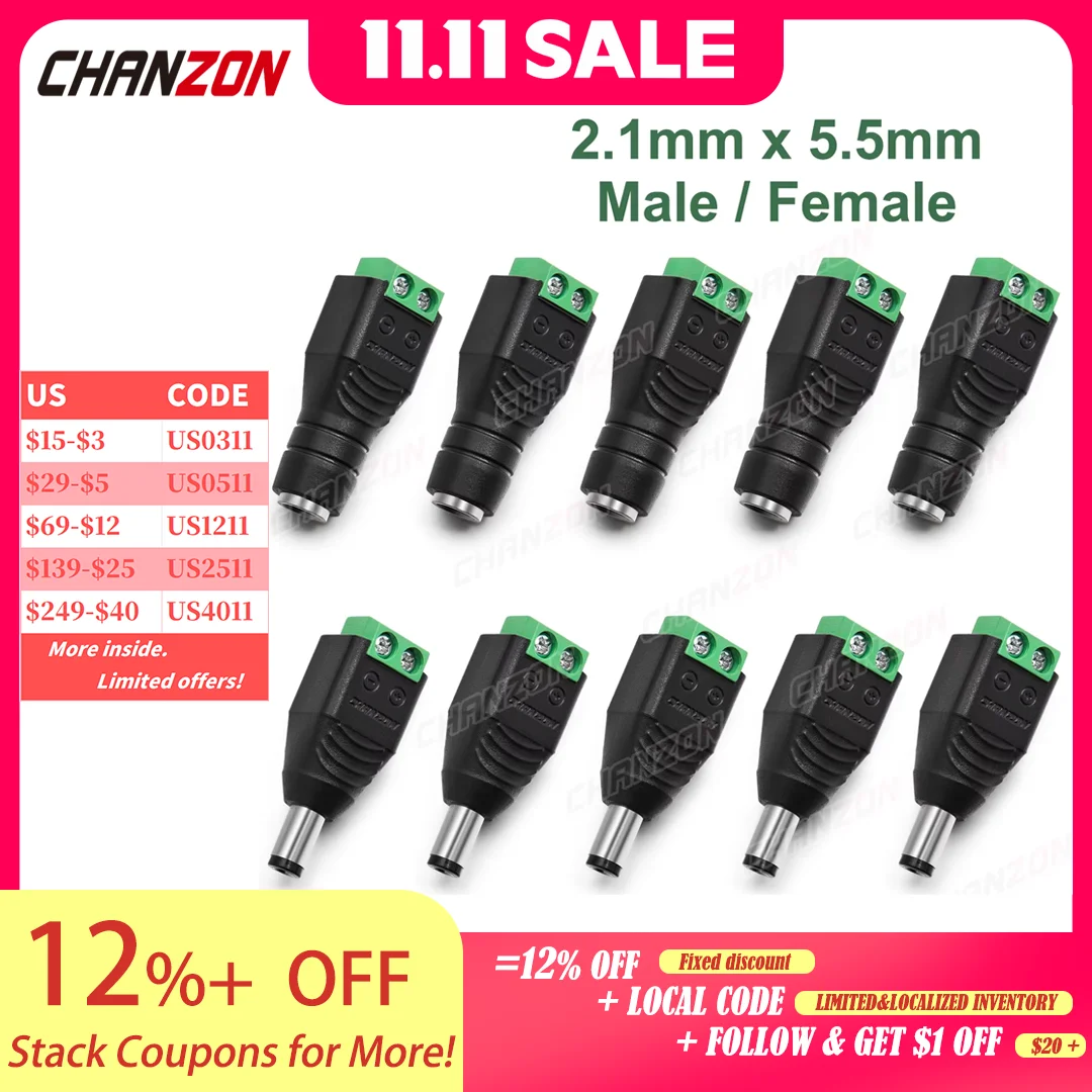 12V DC Power Connector Kit | 2.1x5.5mm Barrel Plugs & Sockets for CCTV & LED Strips - Thumbnail 2
