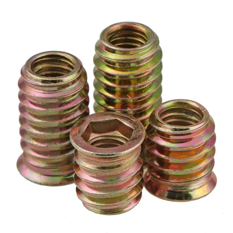 Zinc alloy or iron hex socket drive insert nuts with internal carbon steel threads for wood furniture, in sizes M6 to M10.