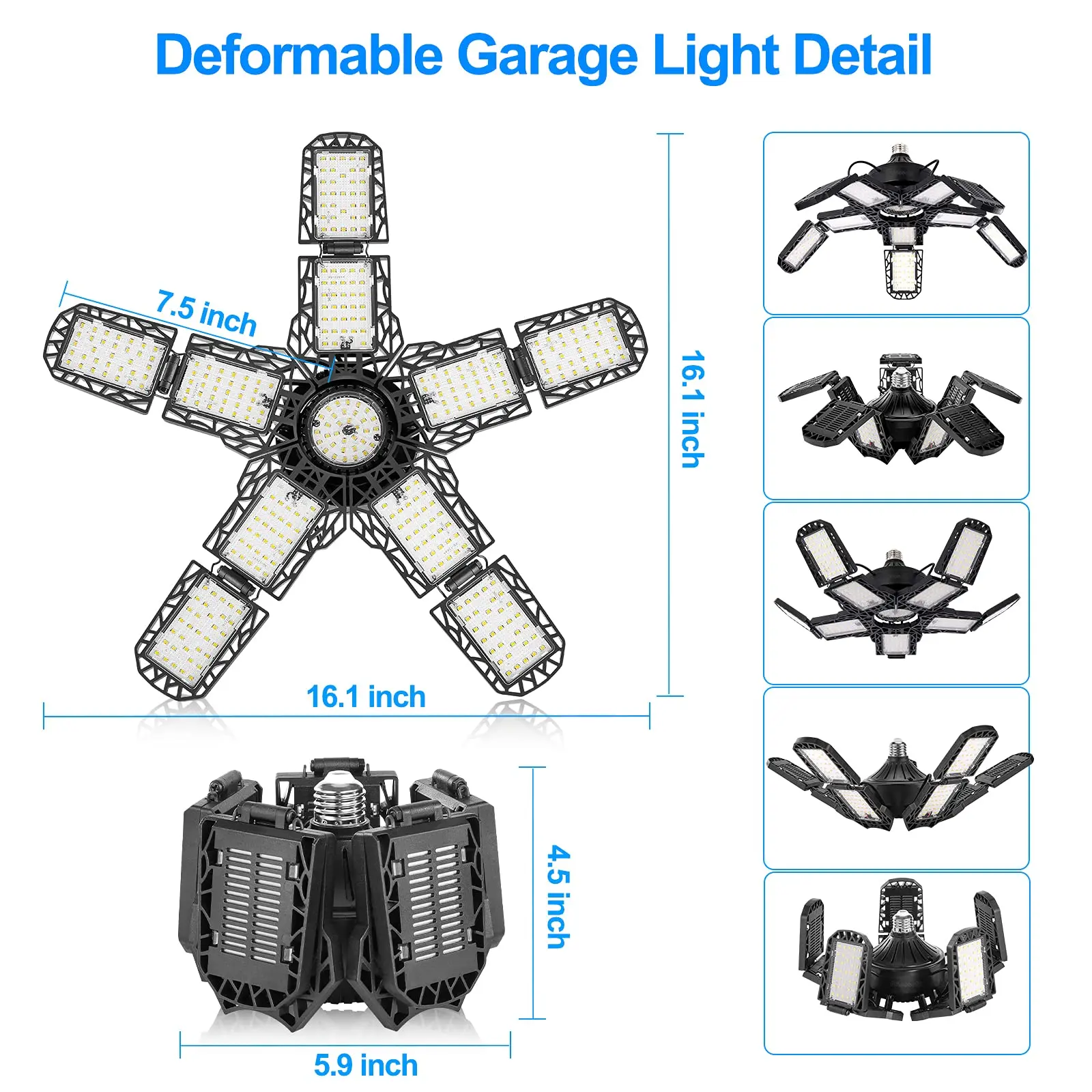 LED Garage Lights with 7/10+1 Adjustable Panels E26/E27 Ceiling Shop Work Lamp 150W 6500K Bulb for Workshop Industrial Lighting - Thumbnail 4