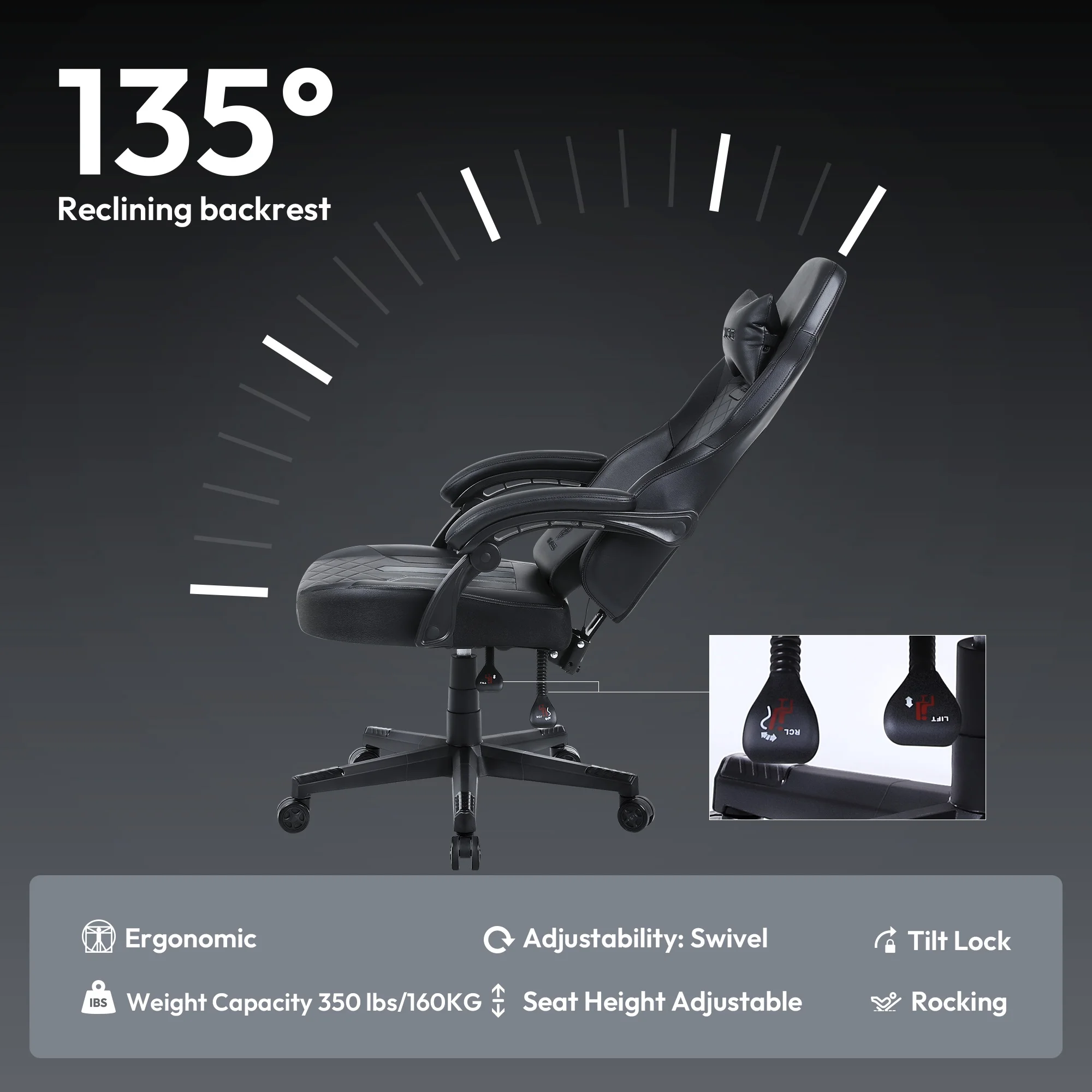 Back Gaming Chair | Pocket Spring Cushion & 350LBS Capacity | Reclining PU Leather Computer Chair - Thumbnail 3