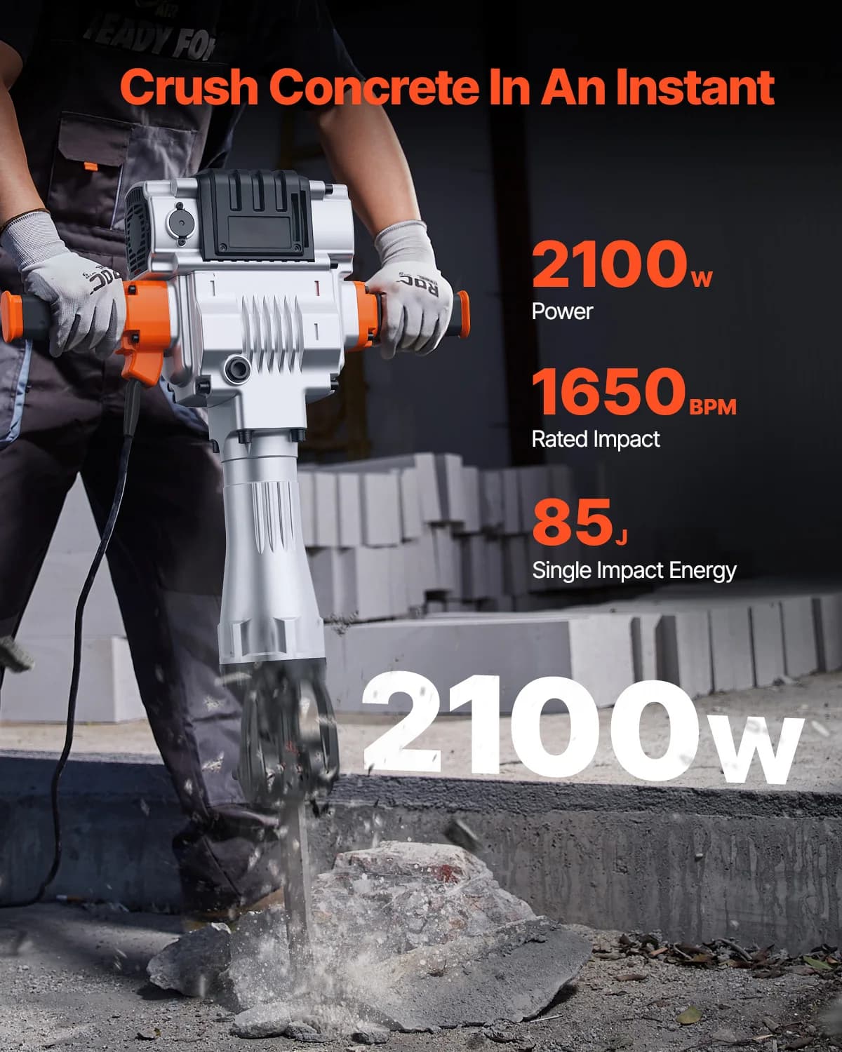 2100W Electric Jackhammer | Heavy-Duty Concrete Breaker | 1650 BPM Industrial Demolition Tool - Thumbnail 2