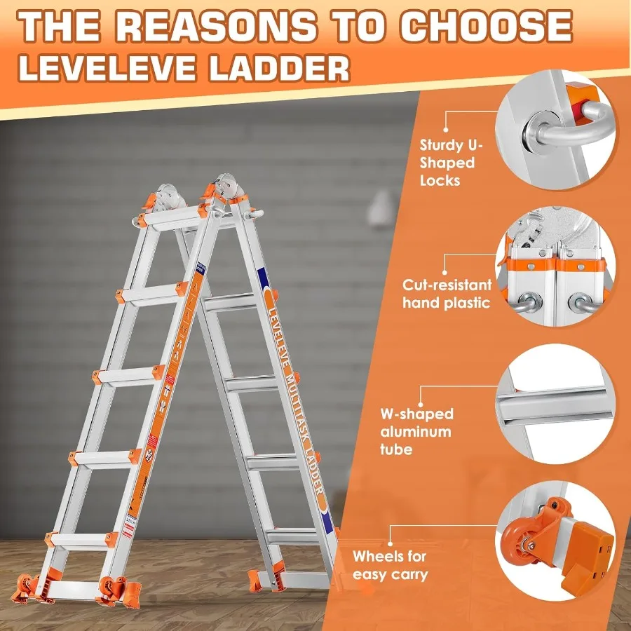 22FT A-Frame Ladder | Multi-Position with Stabilizer Bar & Wheels | 6-Step Extension for Stairs & Outdoor Use - Thumbnail 4