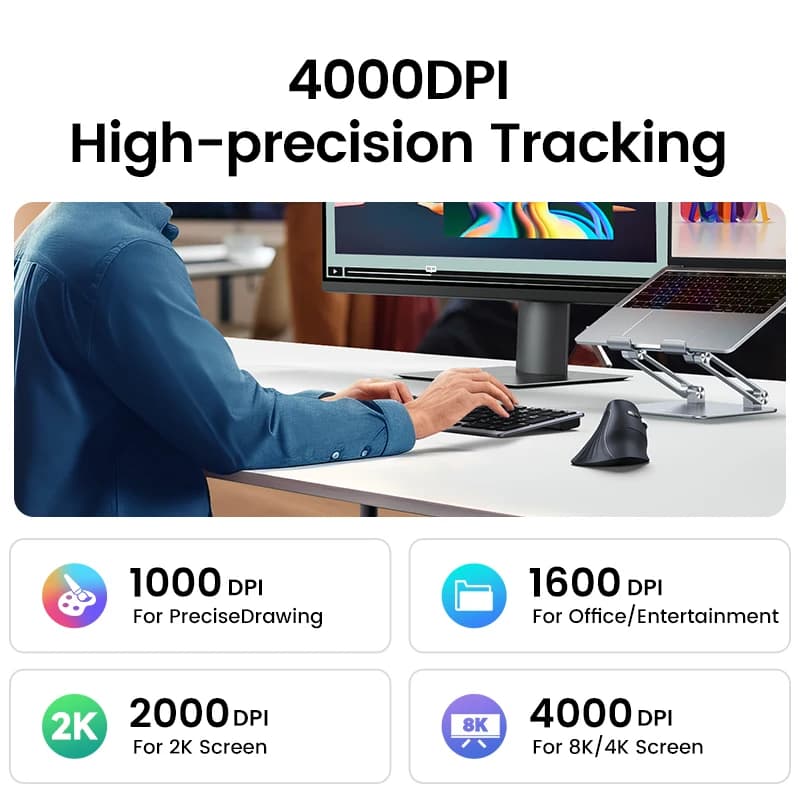 Ergonomic Vertical Mouse | Wireless Bluetooth 5.0 & 2.4G | 4000 DPI for MacBook & PC - Thumbnail 3