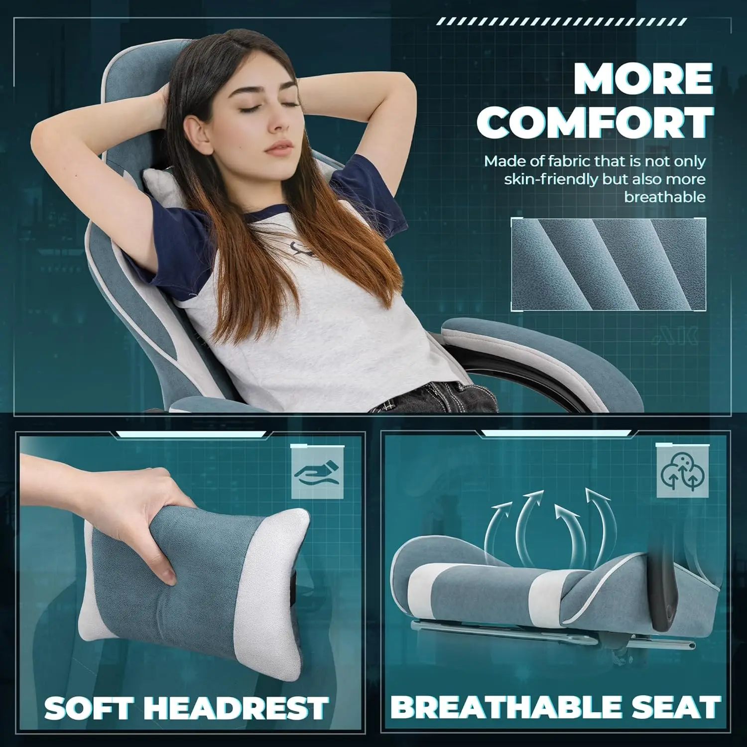 Fabric Gaming Chair | Adjustable Seat with Massage Lumbar Support | Green Video Game Chair - Thumbnail 4