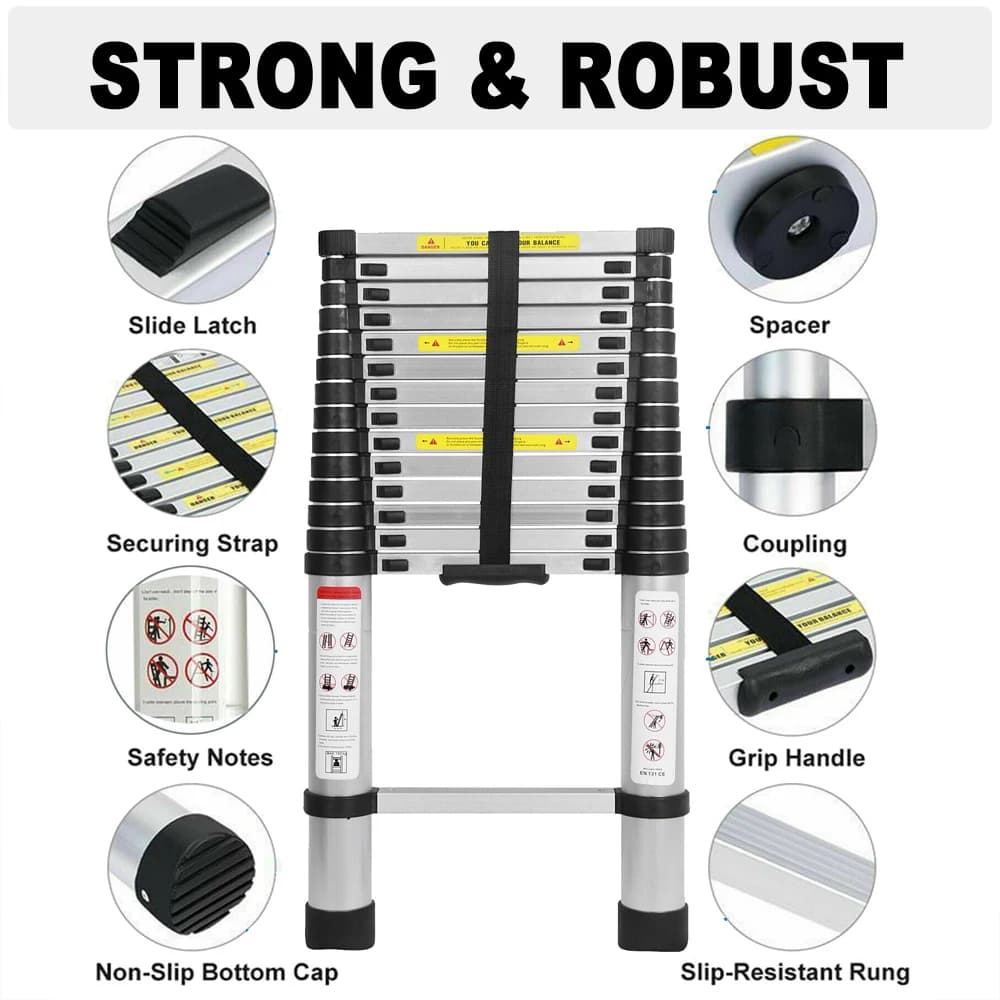 Telescopic Ladder | 2.6-5m EN131 Certified | Anti-Slip 150kg Loft & Outdoor Use - Thumbnail 2