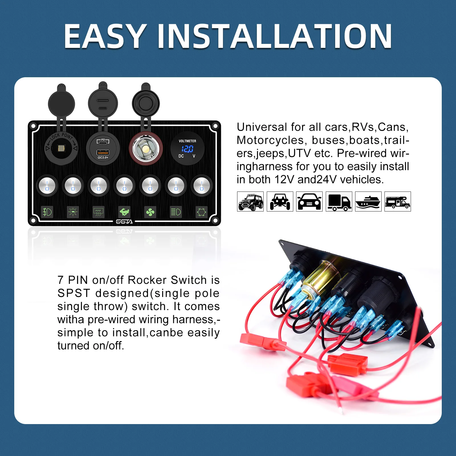 Marine-Grade Rocker Switch Panel | 4-8 LED Illuminated Toggle | Waterproof RV & Boat Control Panel - Thumbnail 3
