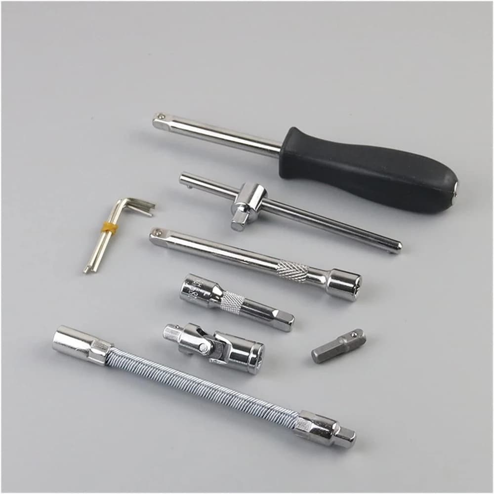 53-piece socket set with ratchet wrenches, hex keys, and screwdriver bits in a durable toolbox for auto repair.