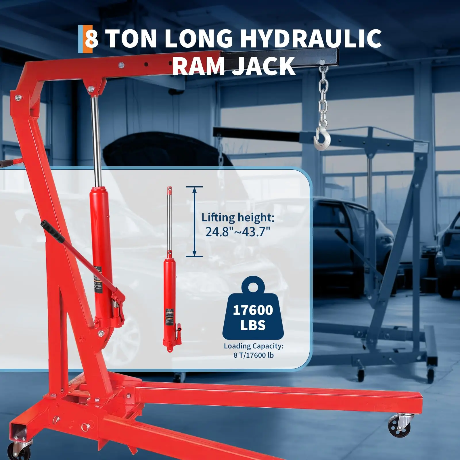 8-Ton Air/Hydraulic Long Ram Jack | Heavy-Duty Engine Hoist Cylinder with Air Pump - Thumbnail 3