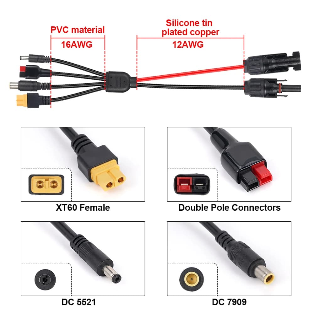 Solar Panel Extension Cable | 4-in-1 Splitter for Energy Storage & Charging | 12AWG Power Cord - Thumbnail 5