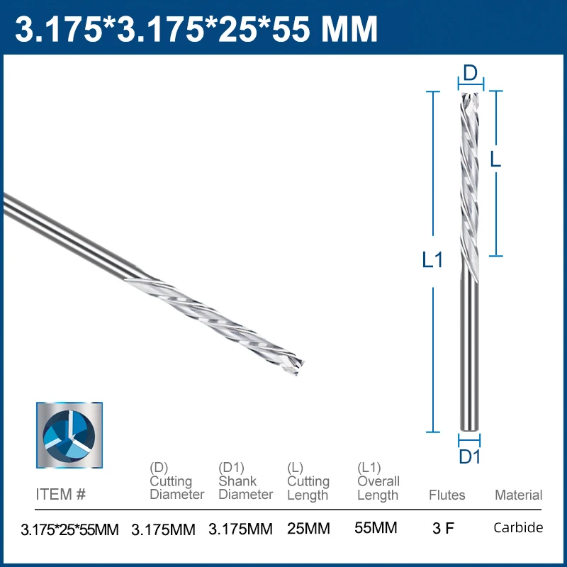 3 Flute Carbide End Mill | For Aluminum & Plastic CNC Cutting | 3.175mm Tungsten Milling Tool - Thumbnail 3