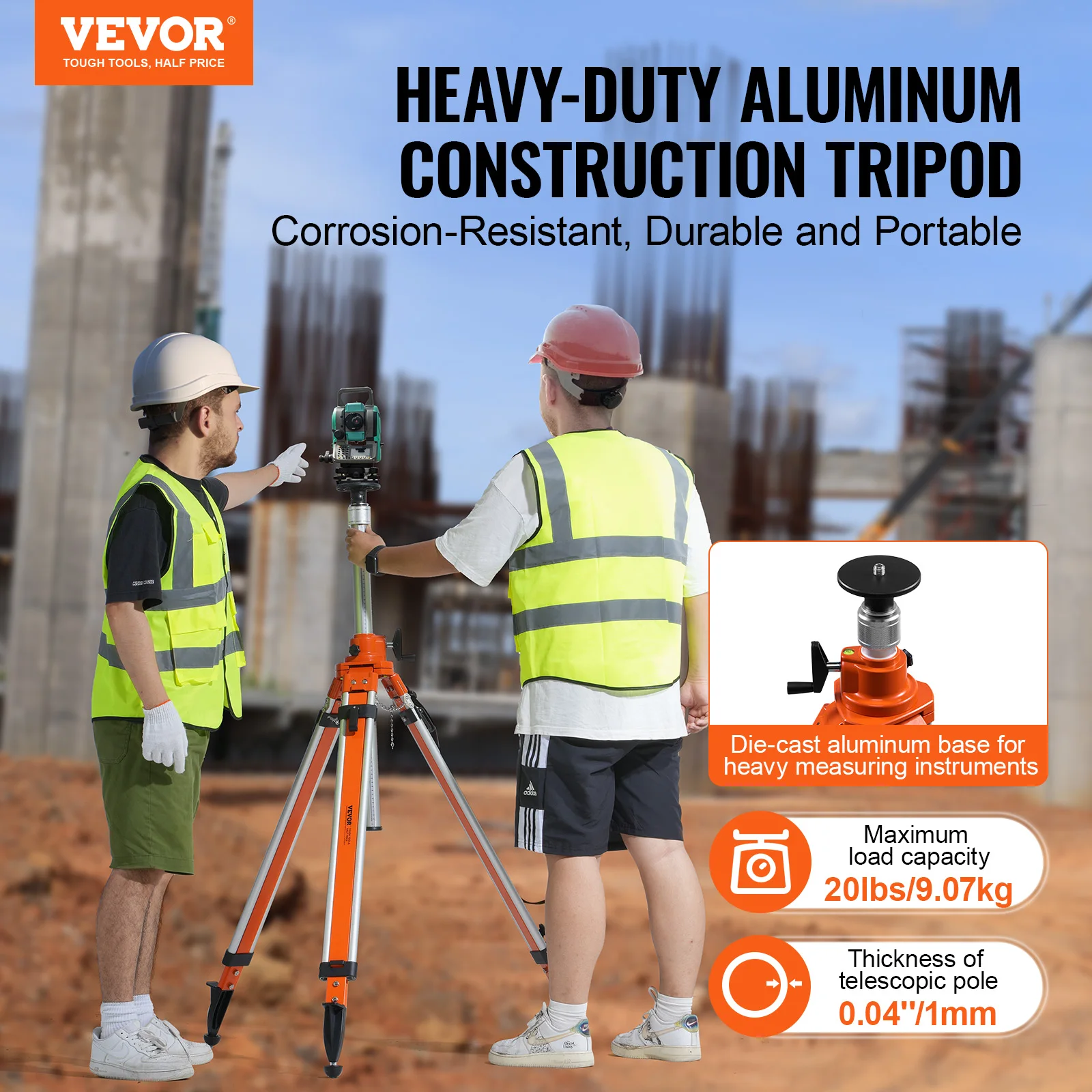 Heavy-Duty Survey Tripod | Thread Mount Height Adjustment | Integrated Level Bubble & Diffusion Limiter - Thumbnail 2