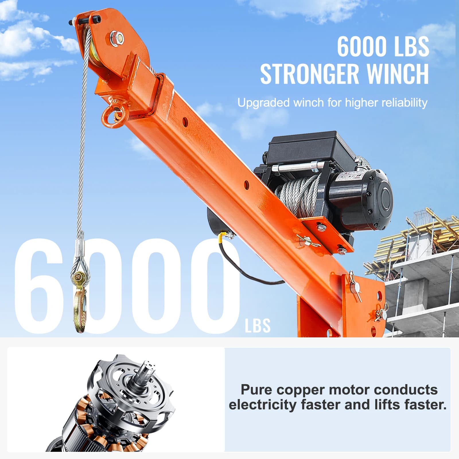 2200lb Electric Hoist Crane | 360° Swivel Folding Jib with 6000lb Winch for Heavy-Duty Lifting - Thumbnail 3
