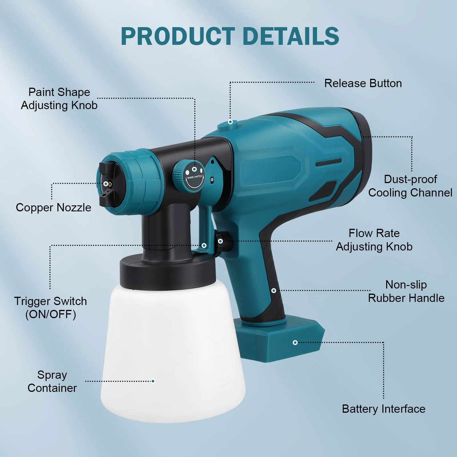 Cordless Paint Sprayer | HVLP Spray Gun for Makita | 5 Nozzles for Fence & Interior/Exterior - Thumbnail 5