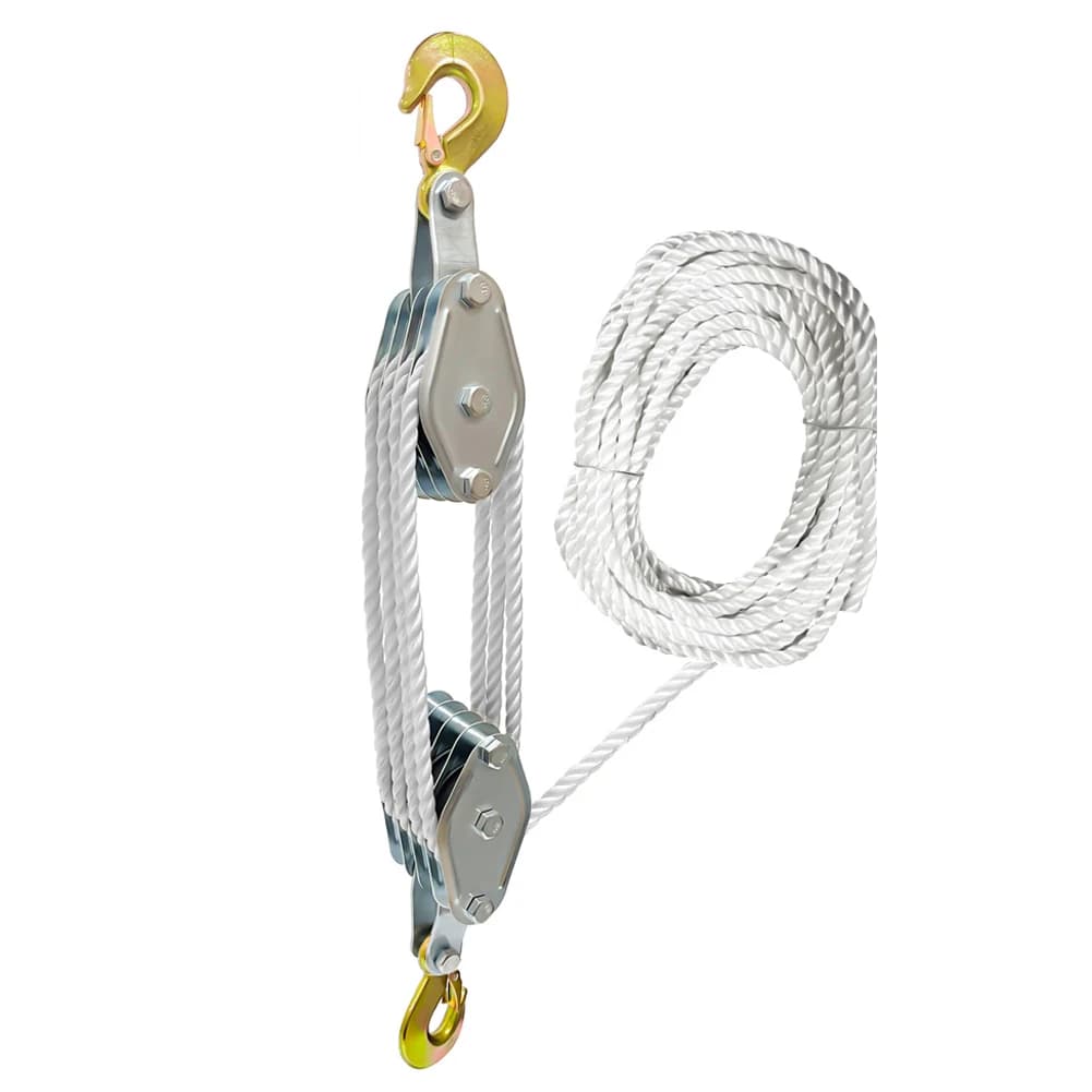 Heavy-duty 270-degree rotatable rope pulley block with zinc alloy hook and polyethylene rope, a manual lifting hoist for industrial material handling.