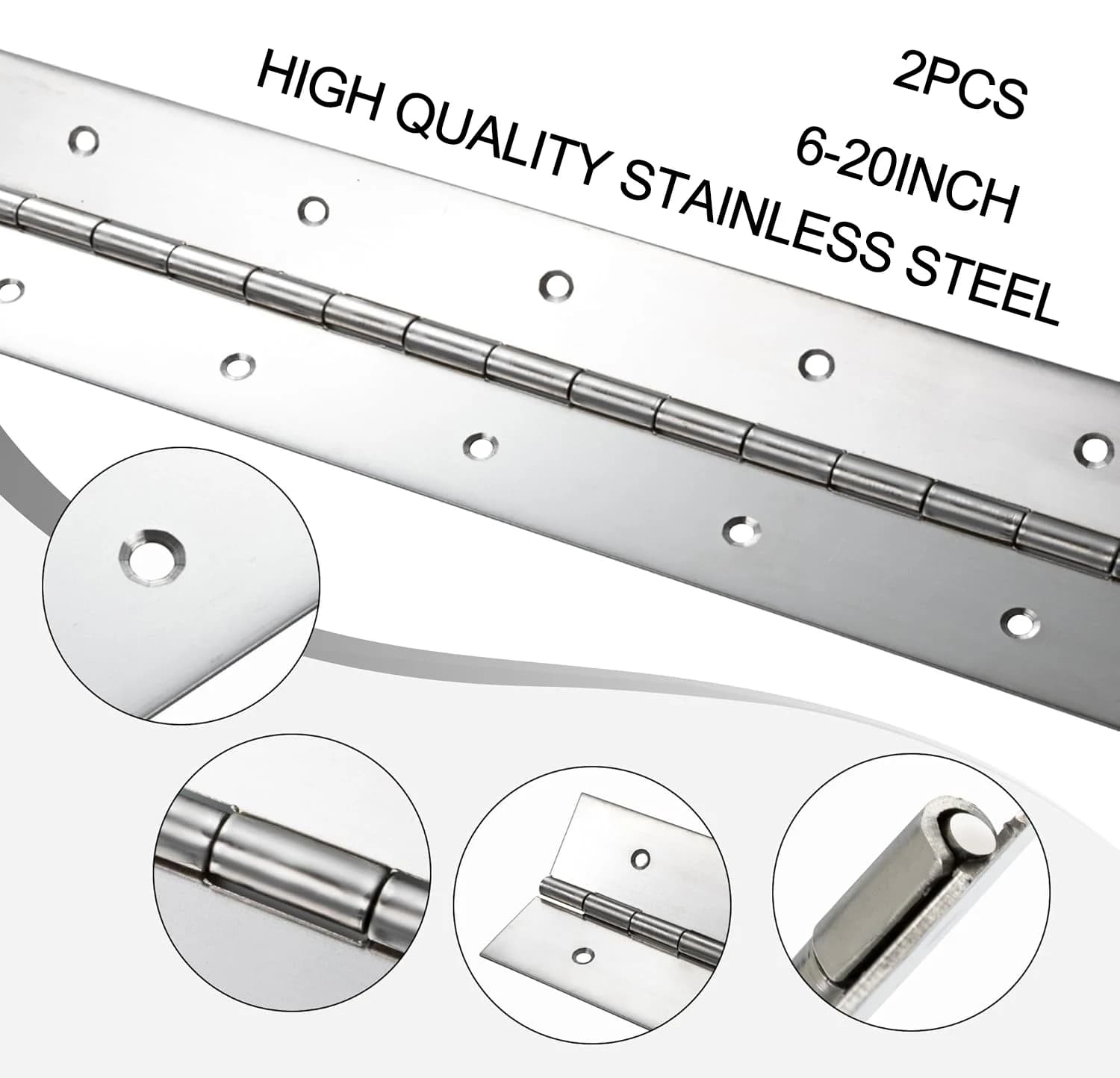 Duty 304 Stainless Steel Piano Hinges | 6in-20in Continuous Hinge | 2pcs for Cabinet - Thumbnail 2