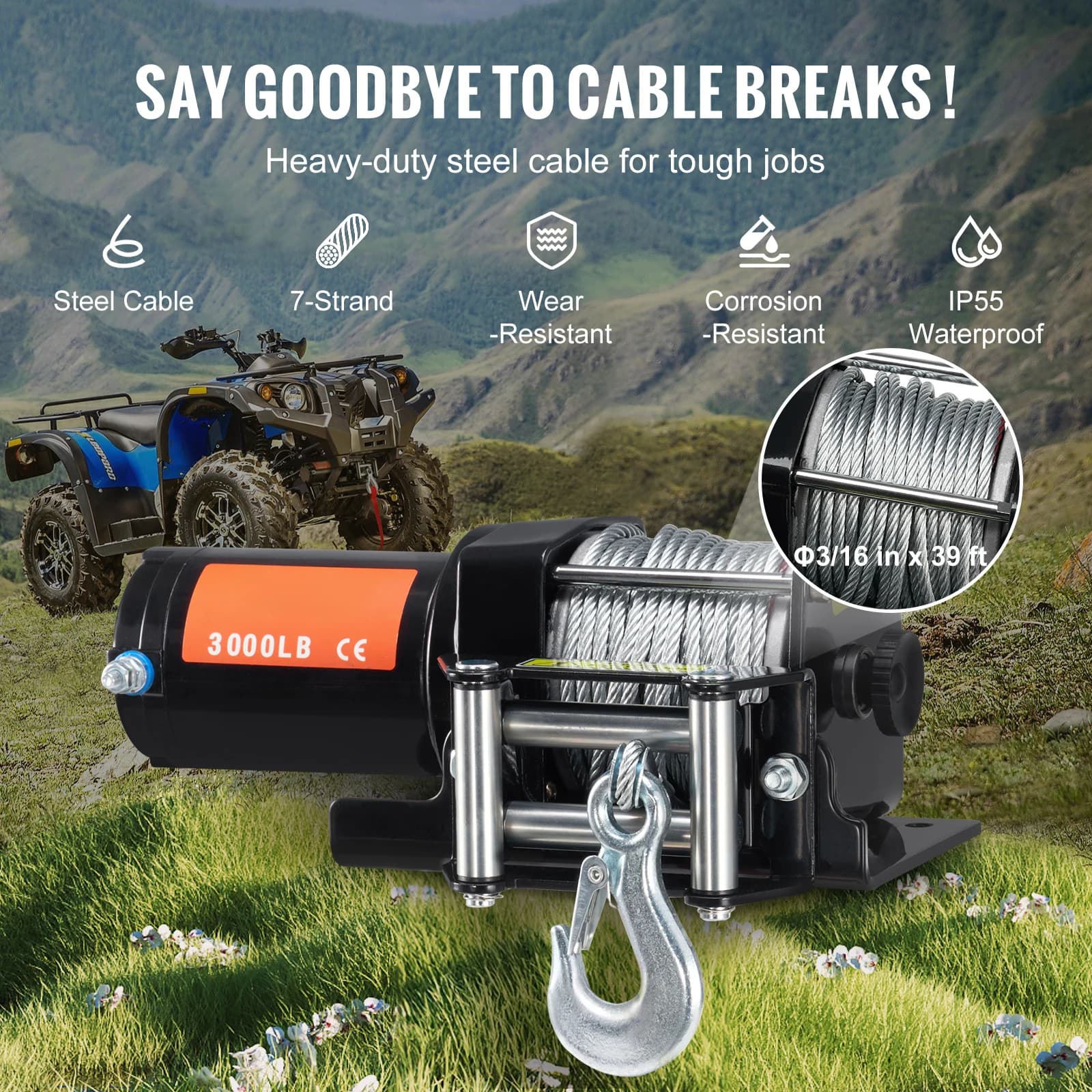 3000lb ATV Winch | 12V Heavy-Duty Electric Winch with Wired Remote & 39ft Steel Cable - Thumbnail 4