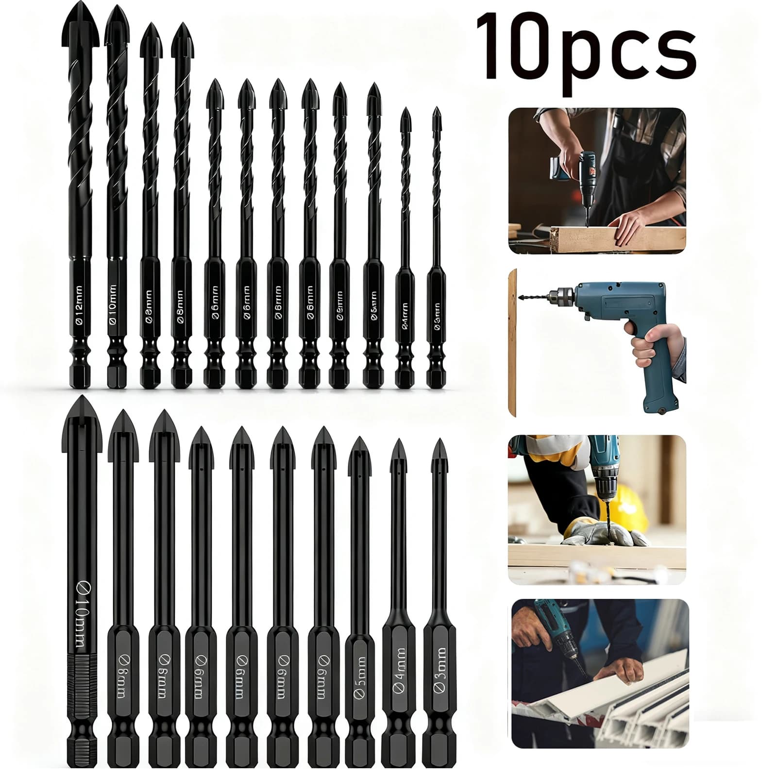 Masonry Drill Bit Set | Tungsten Carbide Tip | 7-12mm for Tile, Glass & Concrete - Thumbnail 2