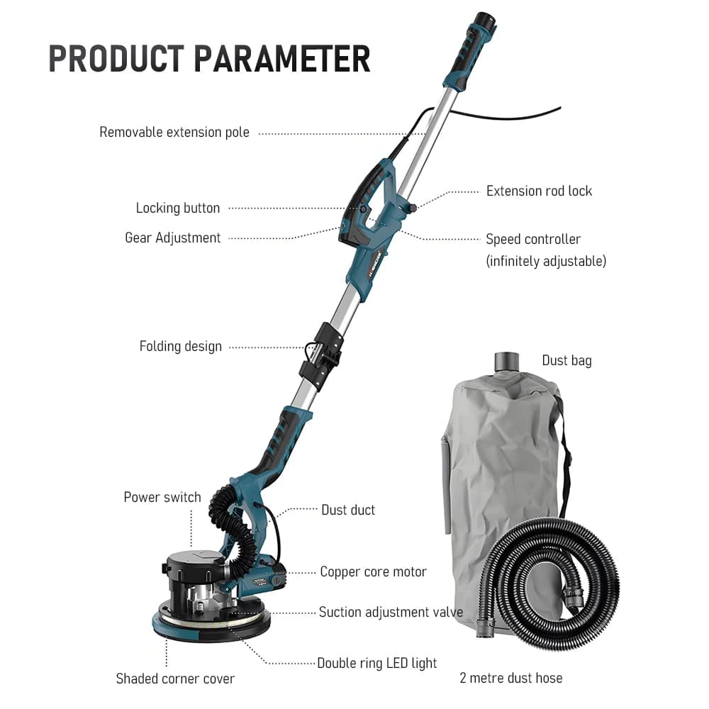 Self-Absorbing Dust Wall Sander | 9-Inch Folding Design | Double LED Light & Long Pole - Thumbnail 5