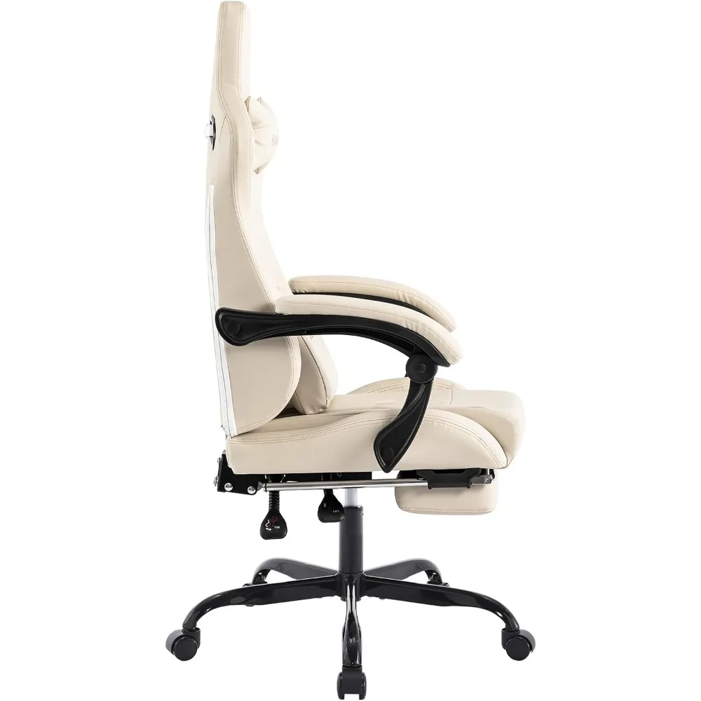 Ergonomic massage gaming chair with adjustable rocker recliner, lumbar cushion, and footrest for a comfortable video gaming experience.