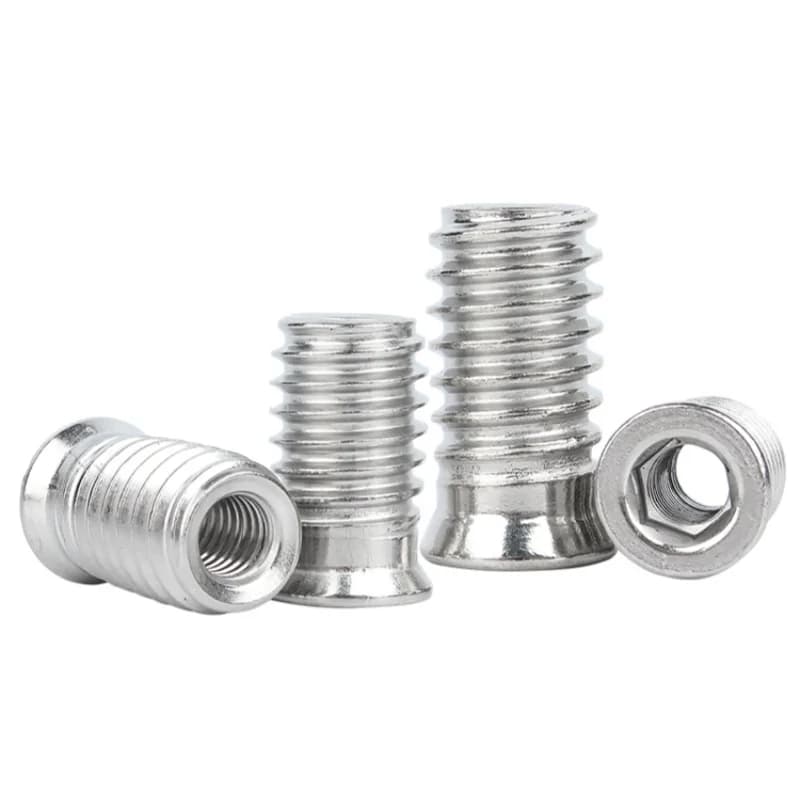 304 stainless steel hex socket drive insert nuts, sizes M4 through M8, with threading designed for wood furniture applications.