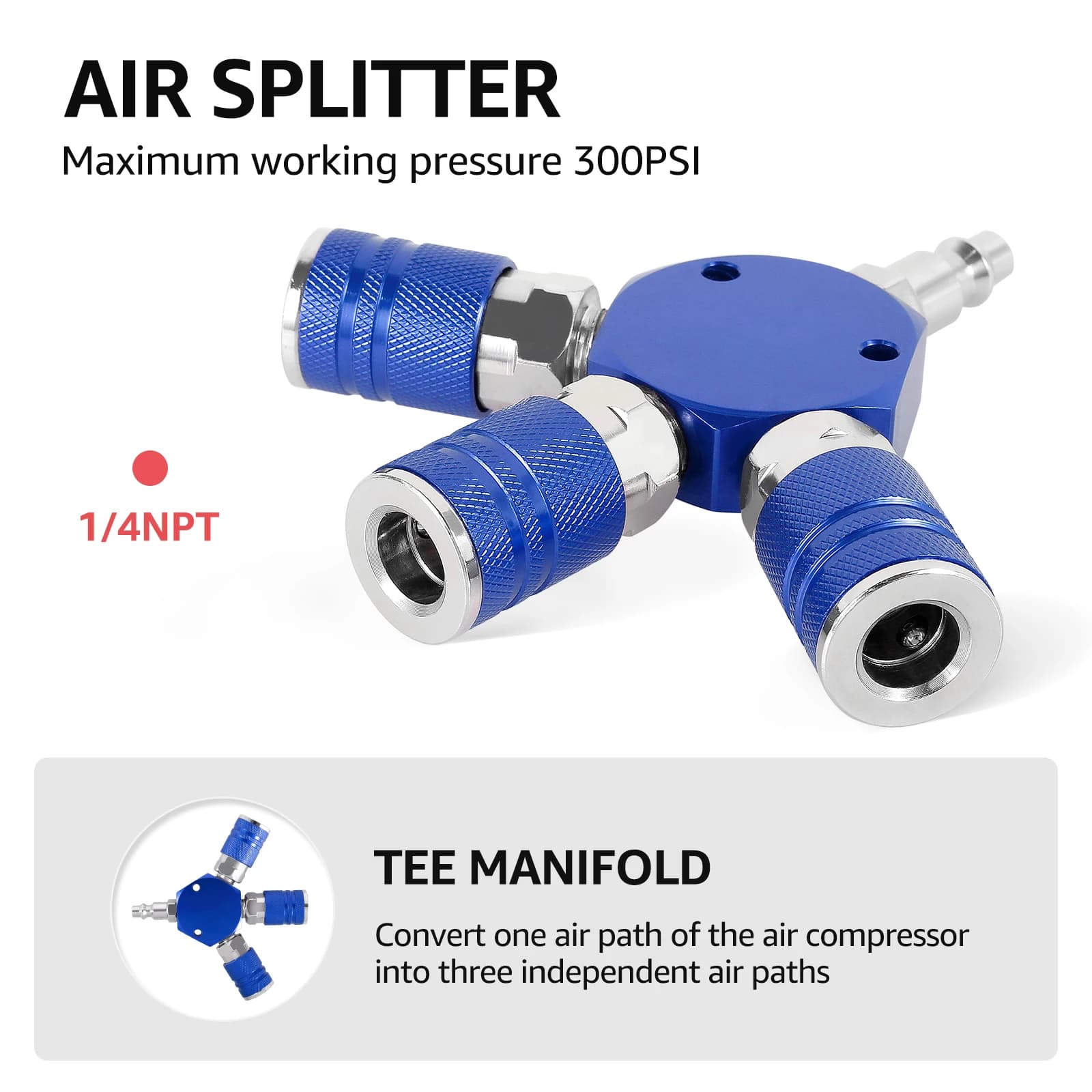 3-Way Air Manifold | 1/4 Inch Quick-Connect Fittings | Heavy-Duty Hose Splitter - Thumbnail 2