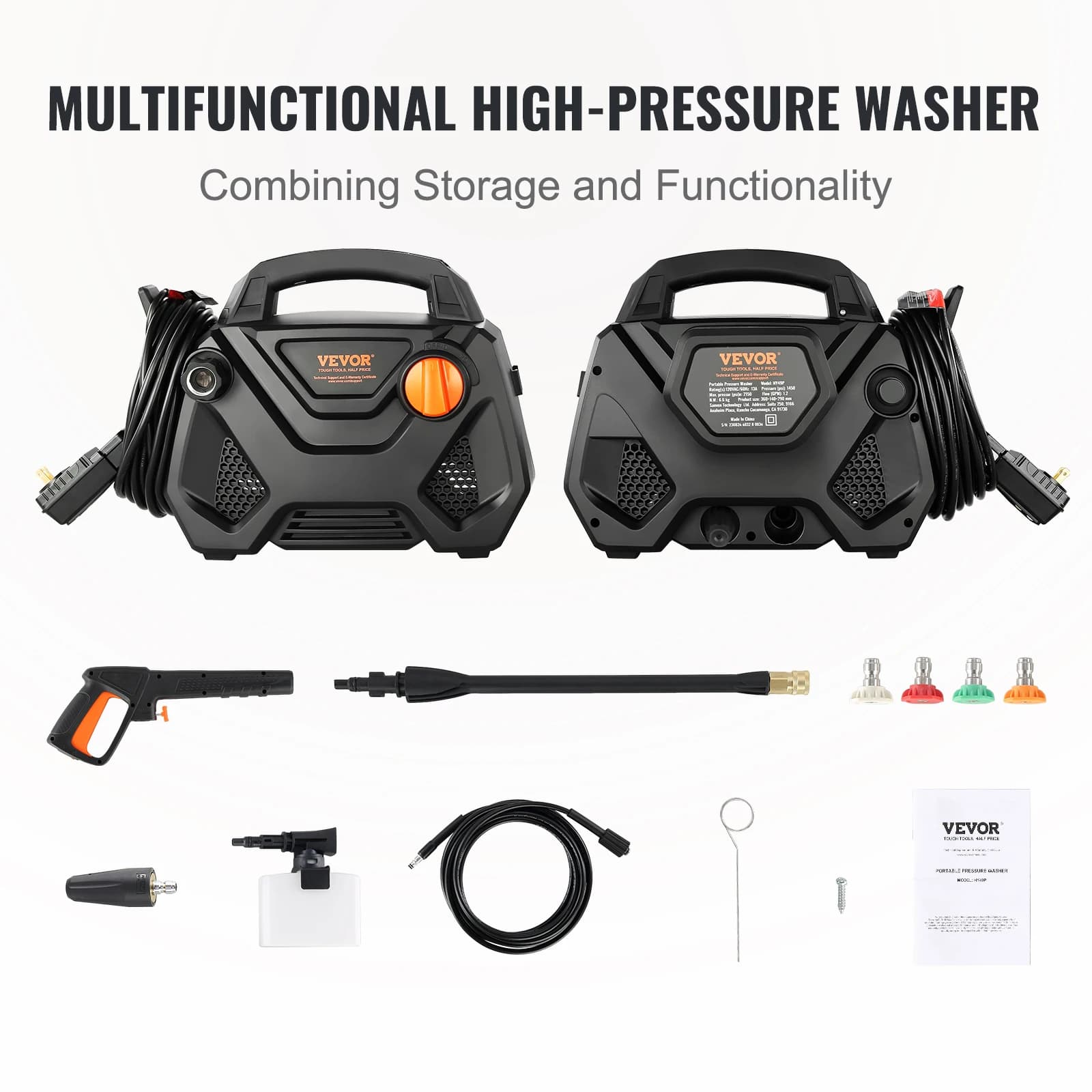 2150 PSI Electric Pressure Washer | 1.85 GPM with Foam Cannon | 5 Nozzles, 20ft Hose & 35ft Power Cord - Thumbnail 4