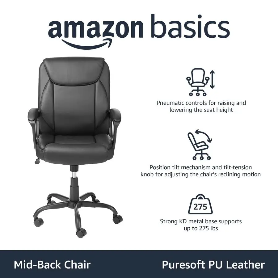 Mid-Back Office Chair | Puresoft PU Padded Seat & Height Adjustable | 26D x 23.75W Computer Desk Chair - Thumbnail 4
