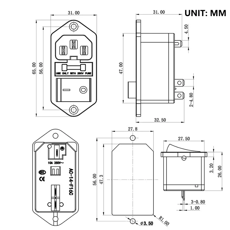 AC Power Inlet Socket | 10A 250V Fused Rocker Switch | IEC C14 Connector - Thumbnail 4
