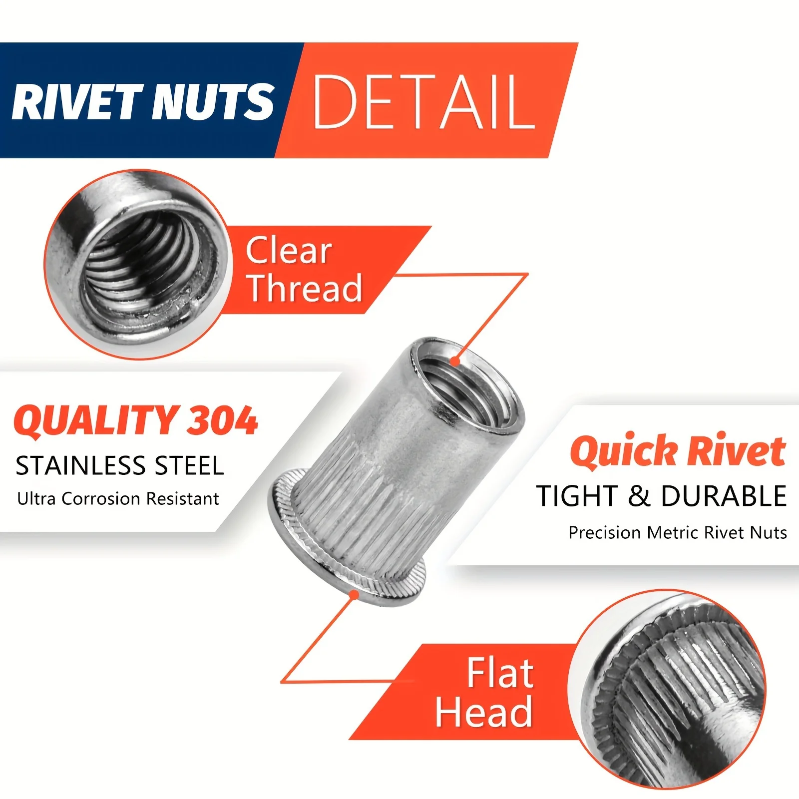 Steel Rivet Nut Kit | M3-M10 Threaded Insert Assortment | 50-120Pcs Flat Head Rivnuts - Thumbnail 5