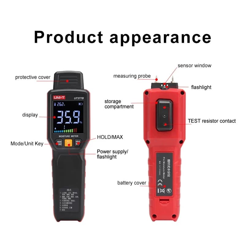 Wood Moisture Meter | UT377B Pin Tester for Timber & Building Materials | LED Flashlight - Thumbnail 3