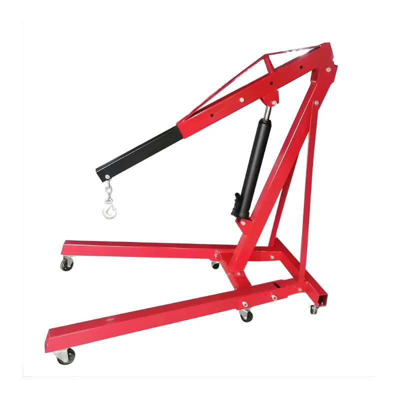Heavy Duty 2 Ton Hydraulic Engine Hoist cherry picker with adjustable boom and hydraulic pump for lifting car engines in a workshop.