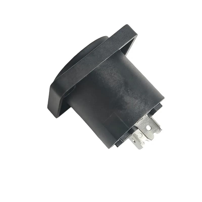 4-Pin Neutrik Style Panel Mount Socket Connector for professional audio amplifier stage racks, showing compact locking mechanism and gold contacts.