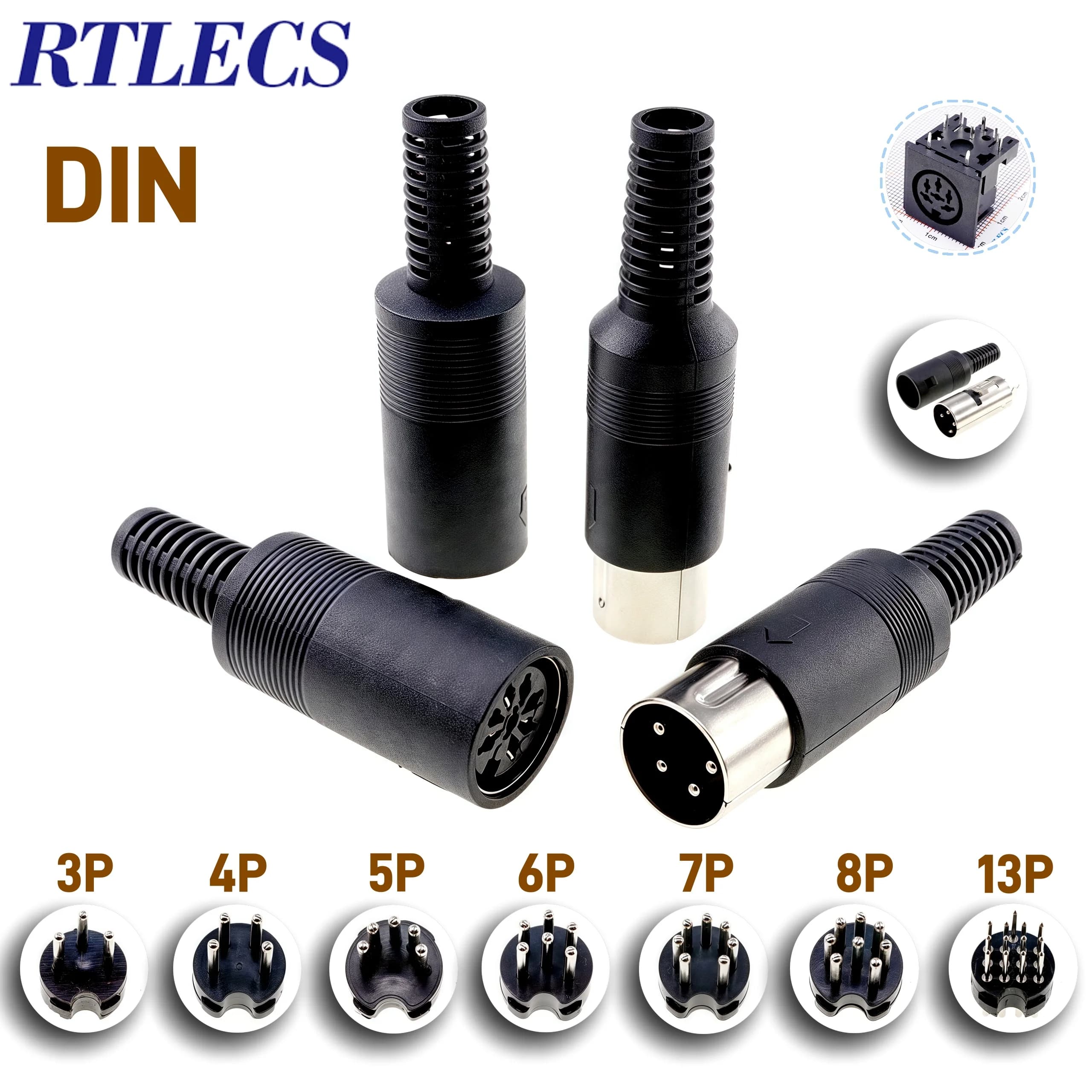 DIN Plug & Socket Connector Set | 3-13 Pin Male/Female Adapters | Durable Plastic Handle for Keyboard & PS2 Cables - Thumbnail 2