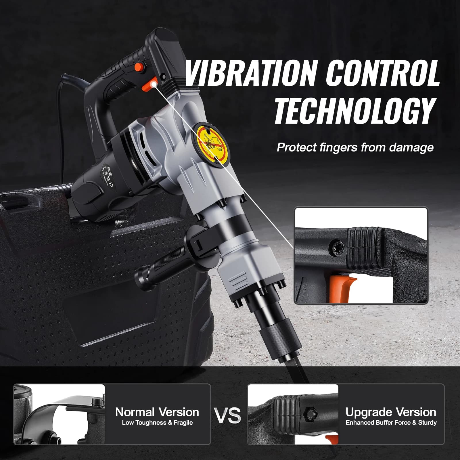 SucceBuy Electric Heavy Demolition Jack Hammer 1400W 2pcs Chisels Bits Chipping with Case 2900 BPM Concrete Breaker Gloves Black - Thumbnail 3