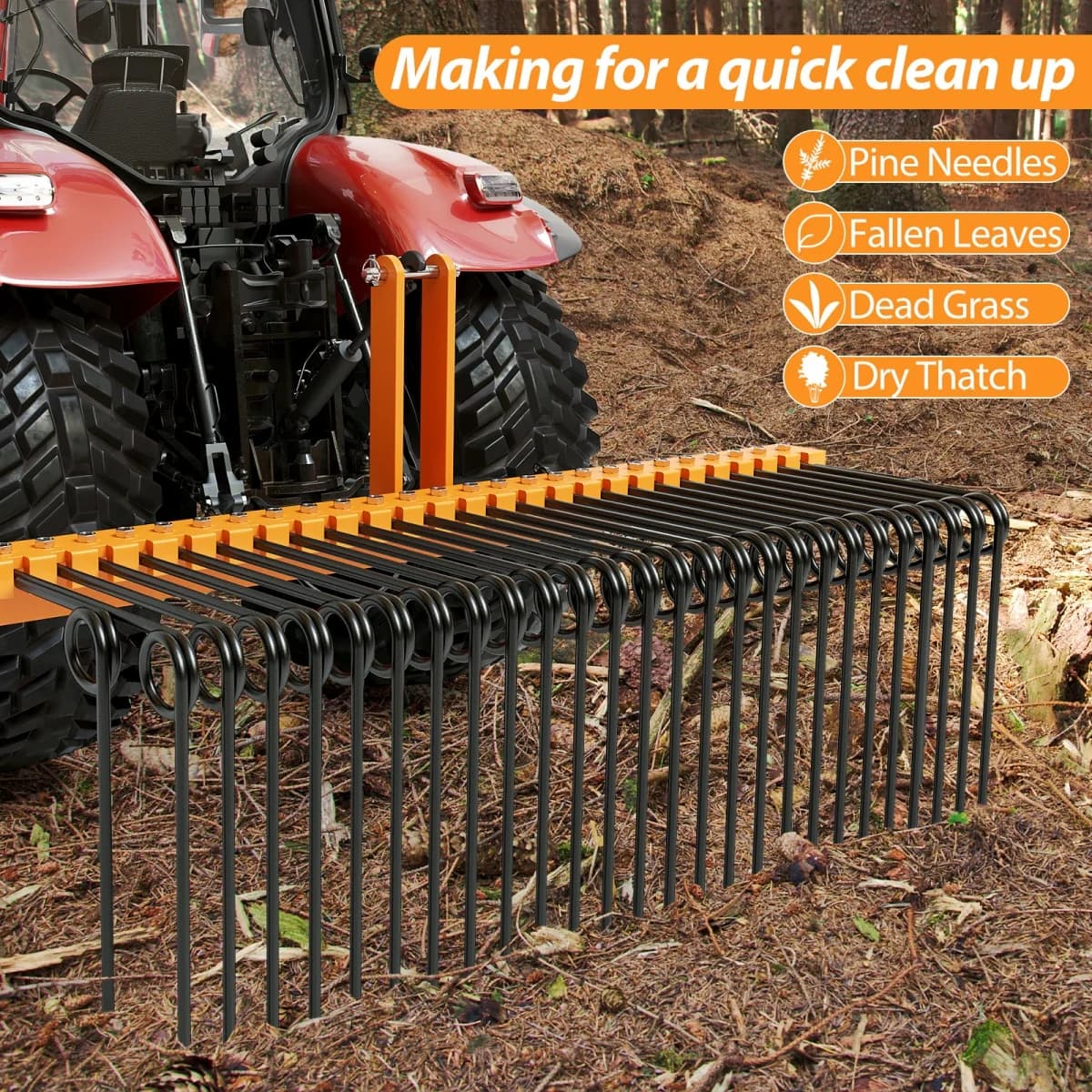72in Pine Straw Rake | 3-Point Tractor Attachment | Cat 0 & Cat 1 Hitch Compatible - Thumbnail 4
