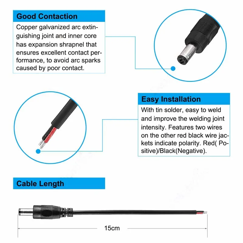 2.1x5.5mm DC Power Extension Cable | 12V 2-Pin Pigtail Connector for LED & Camera - Thumbnail 5