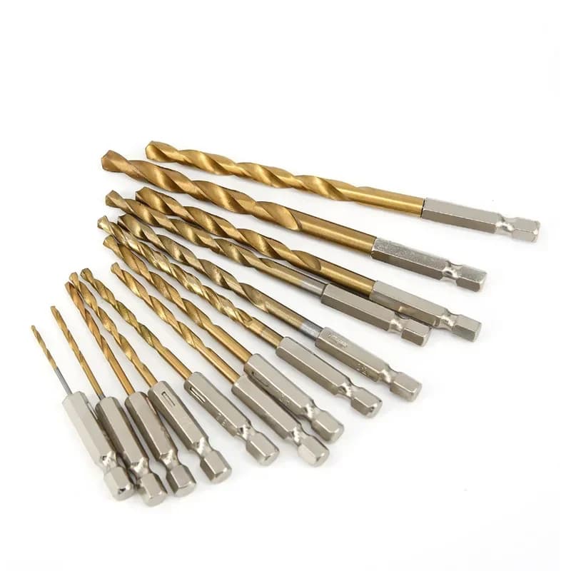 13 to 16-piece HSS high-speed steel titanium coated drill bit set with 1/4-inch hex shank, sizes 1.5mm to 6.5mm, featuring hexagonal handles for secure grip.
