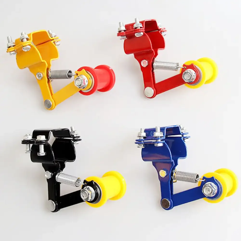 Universal motorcycle chain adjuster with tensioner guide and sprocket wheels, suitable for motorized bikes and ATV parts.