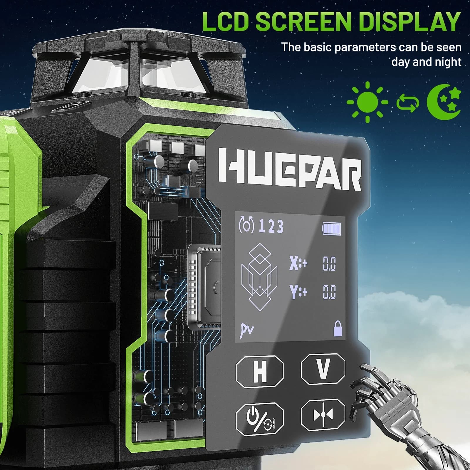 4D 16-Line Green Laser Level | Bluetooth Connectivity & Electric Rotating Base | Large LCD Screen - Thumbnail 4