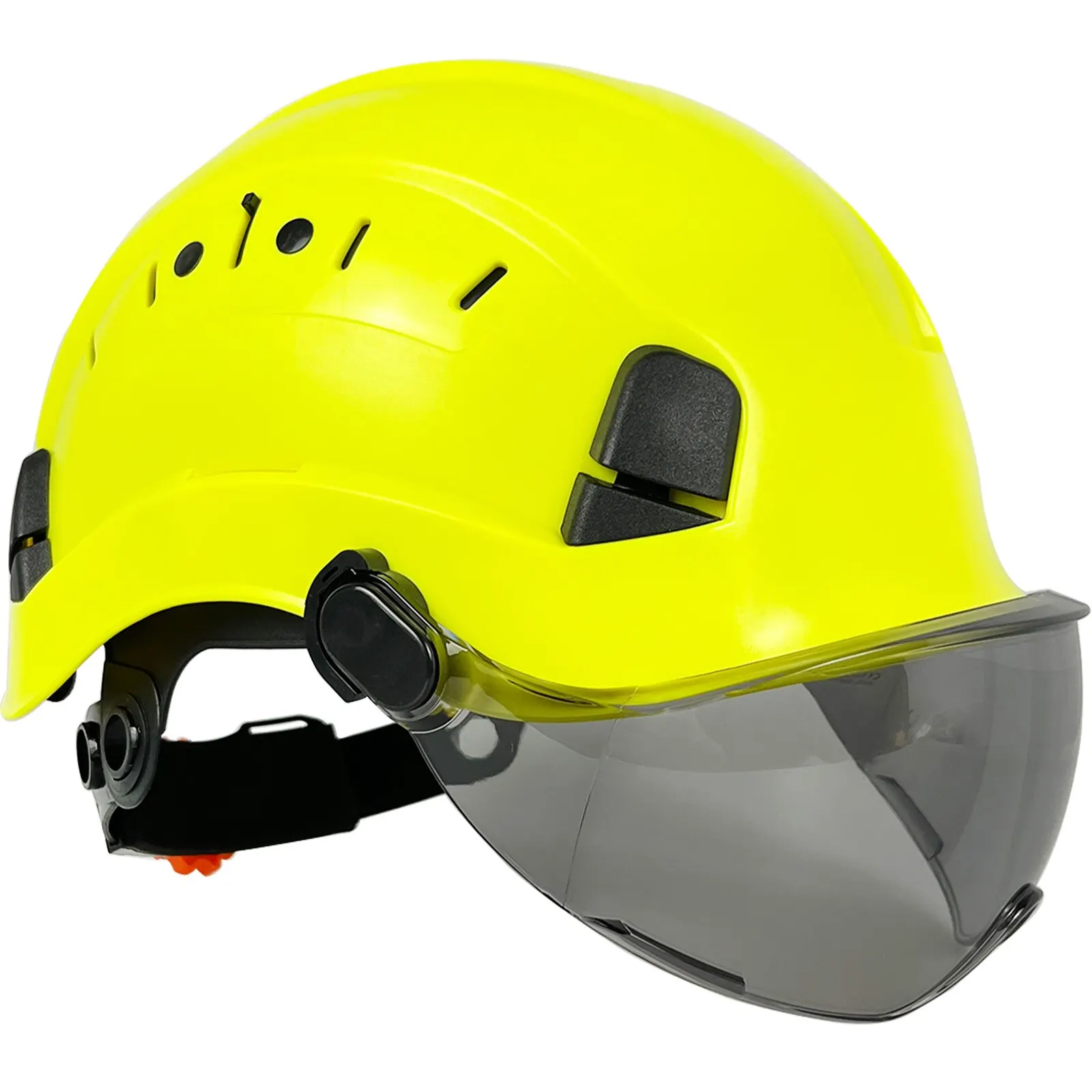 CE-certified ANSI industrial safety helmet with integrated goggles and visor for construction, rescue, and head protection work, made of ABS.