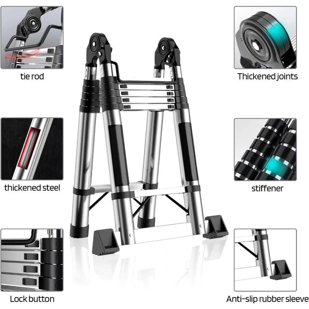 16ft Stainless Steel Telescopic Ladder | 8ft A-Frame Folding | 330lbs Capacity with Safety Locks - Thumbnail 3