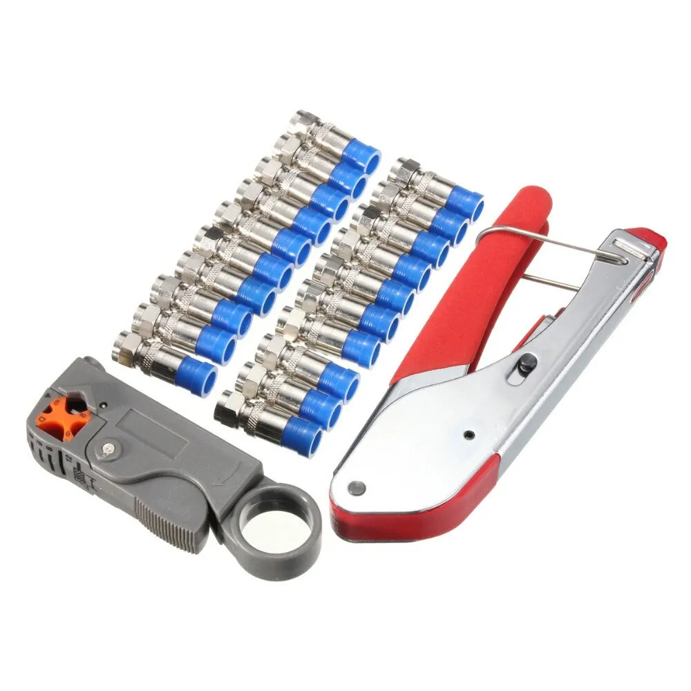 Professional coaxial cable crimp pliers set with rotary stripper and F head connectors for video cable and electrical work.